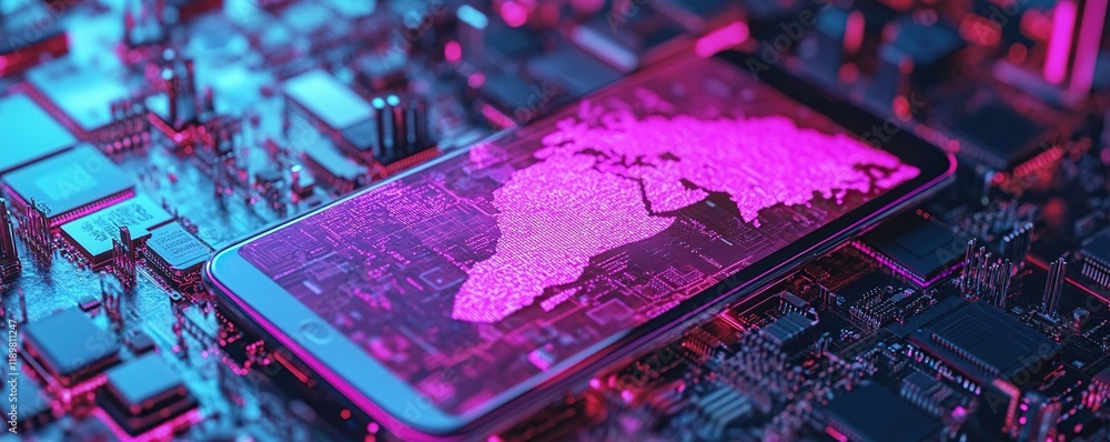 Poster smartphone screen displays digital world map on circuit board, highlighting global connectivity and 