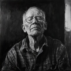 Penisve Old Man Portrait: A Black and White Charcoal Drawing