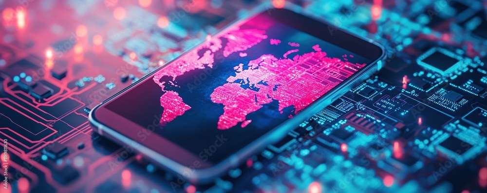 Poster global network: mobile device displays world map on circuit board, illustrating digital connectivity