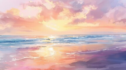 Obraz premium A serene sunset over the ocean, with vibrant colors reflecting on the water's surface.