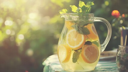 Close-up of a refreshing lemonade pitcher with fresh mint and sliced lemons, set against a sunny garden backdrop.