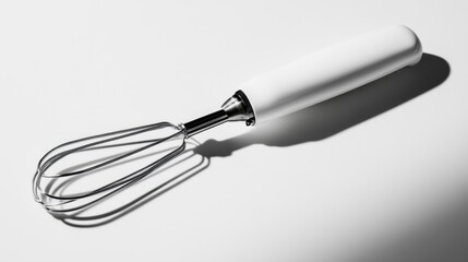 Fototapeta premium A minimalist view of a hand mixer lying on a glossy white surface with soft shadows.