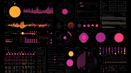 Multiple layered graphs in bright colors creating a complex data visualization for tech-oriented themes.