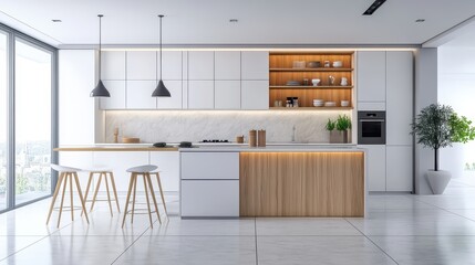 A sleek white and wooden kitchen interior featuring clean lines and a modern aesthetic.