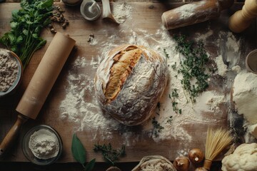 A round loaf of freshly baked bread rests on a wooden table, surrounded by flour, herbs, and various baking tools. The warm atmosphere reflects a homely baking experience