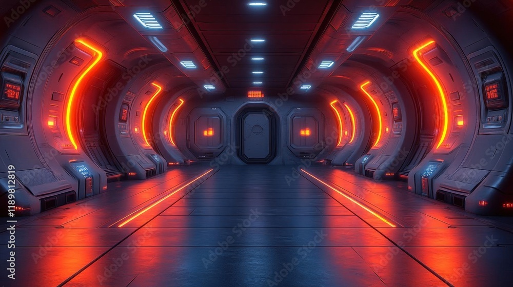 Poster futuristic spaceship corridor with glowing neon lights and reflective surfaces. a dark and mysteriou