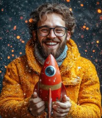 Joyful Young Man Launches Red Rocket in Cartoon Style Illustration