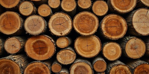 Natural pile of wood logs background arranged in a symmetrical stack. Highlighting organic patterns. Perfect for industrial and decorative use