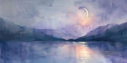 Fototapeta premium A serene twilight landscape with a crescent moon reflecting on a calm lake surrounded by mountains.