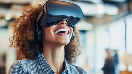 A smiling businesswoman in casual wear is wearing a VR helmet, showcasing a blend of professional and modern tech engagement.