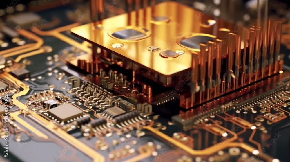 Poster close-up of a golden microprocessor on a circuit board, showcasing intricate technological details. 