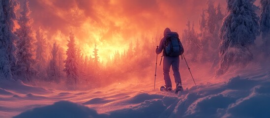 Obraz premium Snowshoeing sunset, winter forest
