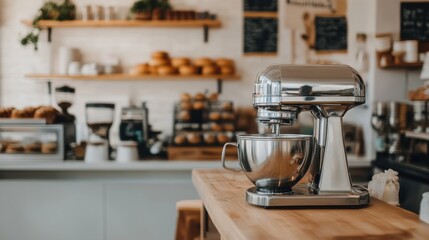 A professional-grade mixer with a stainless steel bowl in a bright bakery setting.