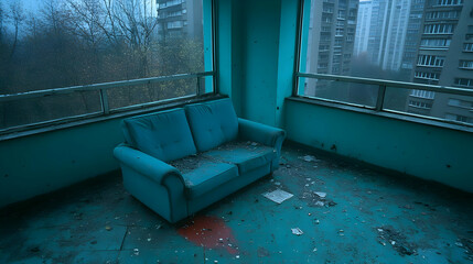 Abandoned Teal Sofa Room Illustration