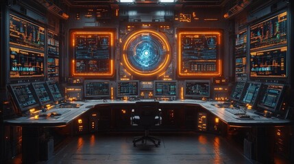 Futuristic Control Room with Glowing Interfaces and Screens