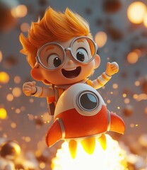 Cheerful Young Man Riding a Bright Red Rocket Adventure with Yellow Flame in 3D Cartoon Style Illustration