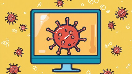 Computer Screen Displaying Virus Illustration, Digital Health Pandemic Concept