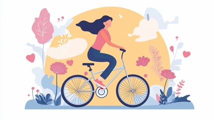 Fototapeta premium Woman Cycling in Springtime: A Joyful Bicycle Ride Through Blooming Meadows