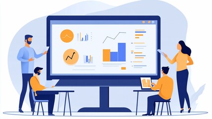 Business Team Analyzing Data on Large Monitor:  Growth, Strategy, and Teamwork Visualized