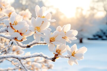 Obraz premium Delicate white flowers coated in snow bloom on a branch, illuminated by warm sunlight in a tranquil winter setting. The scene captures nature's beauty amidst cold