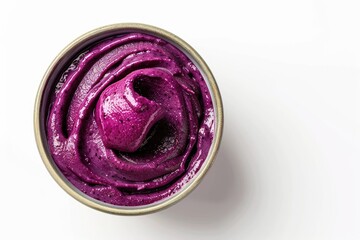 Clear Pixel Image of Bowl with Tasty Acai Smoothie on White Background, Top View
