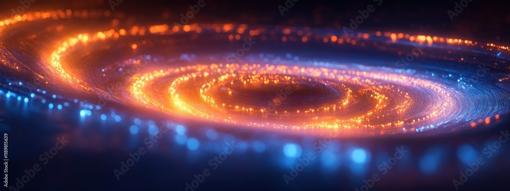 Poster abstract background of glowing fiber optics lights in blue and orange with bokeh effect