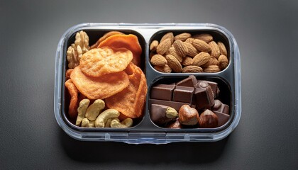 A compact lunchbox with compartments containing mixed nuts, dark chocolate squares, and vegg