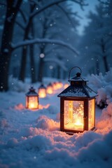 Snowflake lanterns glow softly in a frosty winter scene, lanterns, glowing lights