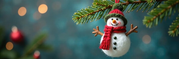 Snowman ornament made of felt and embroidery floss hanging on the branch, felt, twinkle