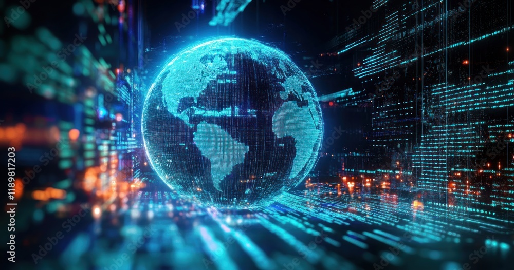 Poster futuristic earth globe in binary code digital technology landscape