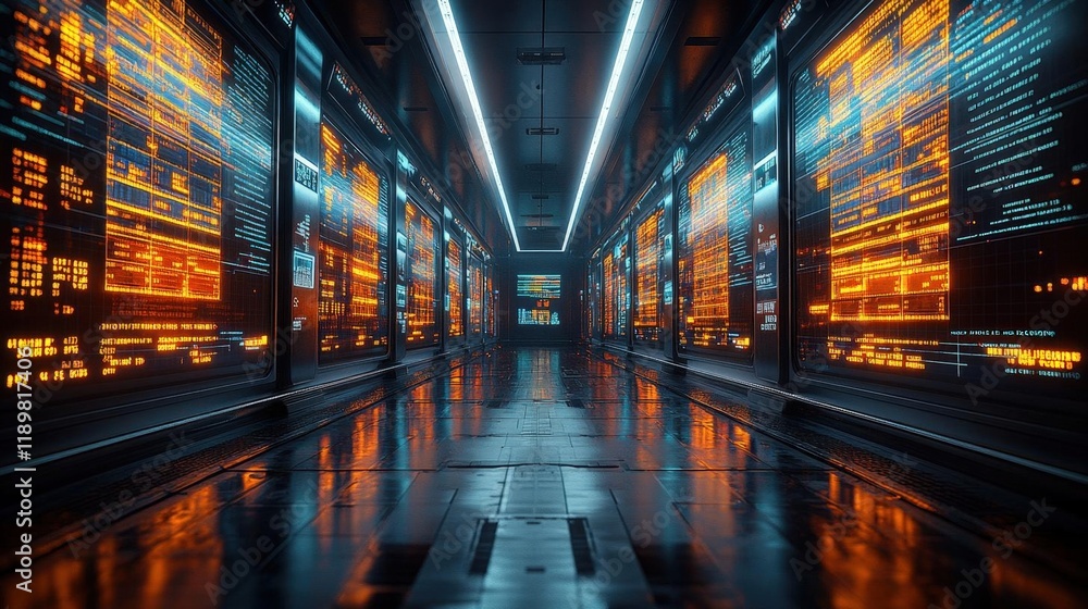 Poster futuristic data center corridor with glowing servers and reflective floor
