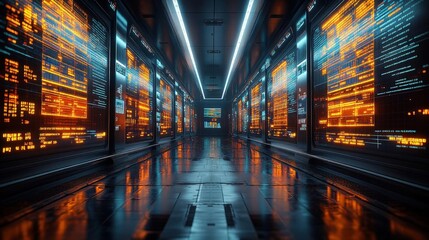 Futuristic Data Center Corridor with Glowing Servers and Reflective Floor