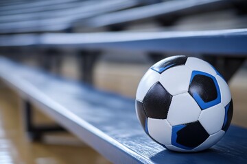 Fototapeta premium Soccer Ball Rests on Bleachers: A Game's Quiet Moment, Team Sport Equipment on Bench, Indoor Field Setting