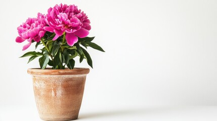 Fototapeta premium A single pink peony plant in a ceramic pot, showcased against a clean white background.