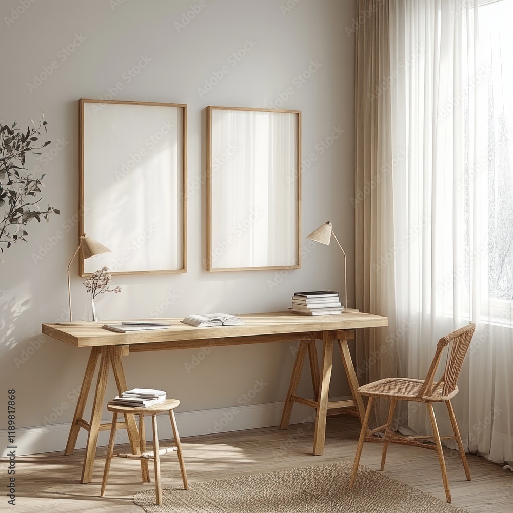 Poster minimalist scandinavian interior design scene with wooden desk lamp and empty frames