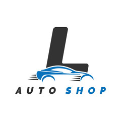 Fototapeta premium letter L logo auto mechanic with car style. Alphabet L automotive car design icon