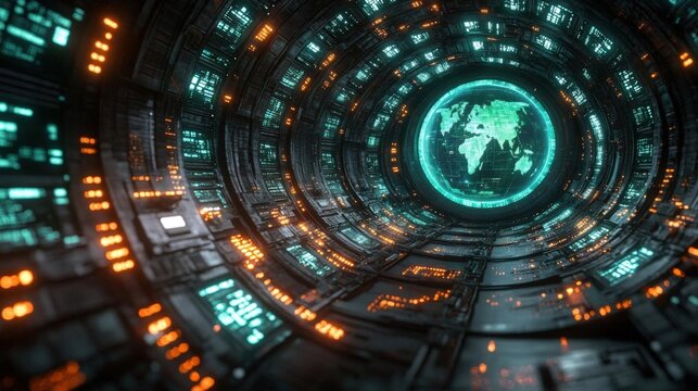 Futuristic Holographic Earth in a Glowing Technology Tunnel