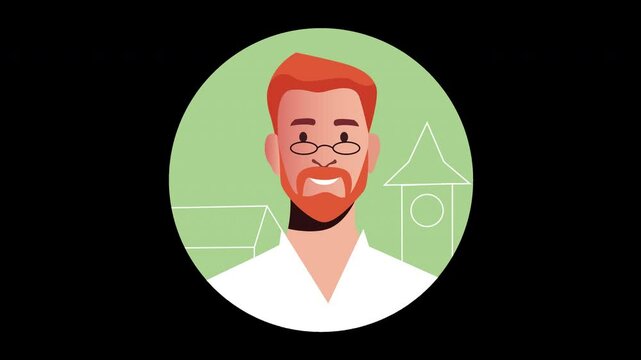 A smiling man with red hair and glasses in a cartoon style, featuring a clock tower in the background.