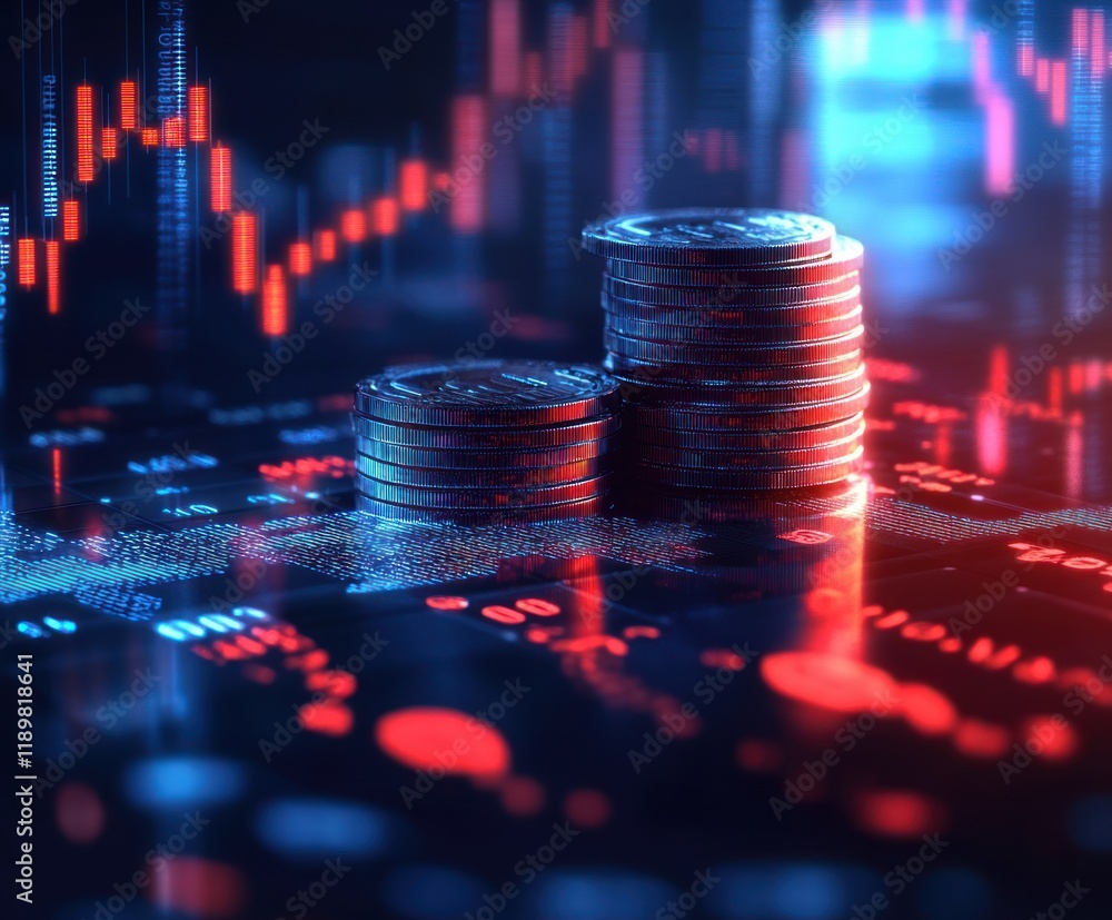 Poster futuristic financial scene with stacked coins and digital data in cyberpunk style