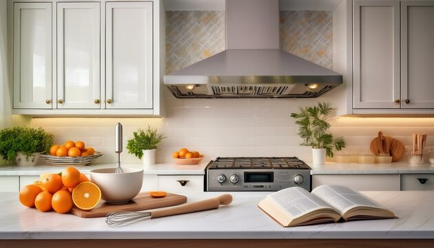 Classic white kitchen with soft lighting, a built-in cooking range, and a bar island featuri
