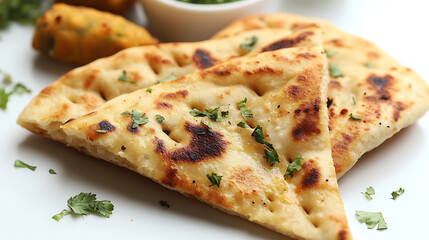 Tandoor-cooked naan bread paired with samosas and masala curry, styled on a white surface 