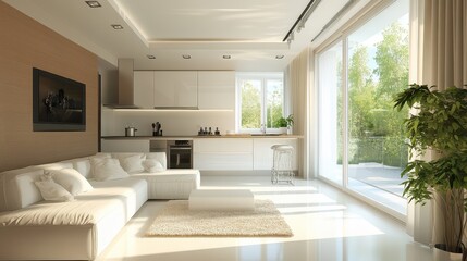 Fototapeta premium A stylish home studio featuring distinct relaxing and cooking zones, complemented by a panoramic window that floods the space with natural light.