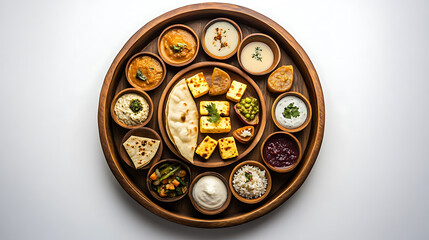 Traditional Indian thali platter featuring paneer curry, naan, and small portions of side dishes on a white background 