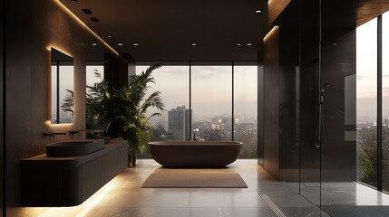 Fototapeta premium A stylish hotel bathroom featuring a sleek sink, elegant tub, modern shower, and a panoramic window.