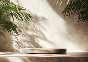 Minimalist 3D Stone Pedestal Display with Natural Palm Leaf Shadows on Beige Background for Beauty Cosmetics Promotion