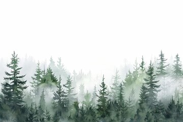 A serene watercolor depiction of a misty forest landscape with evergreen trees.