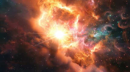 a abstract celestial realm ablaze with radiant colors and cosmic energy, with a wide empty space for text in the center, dynamic and celestial hues against a dark