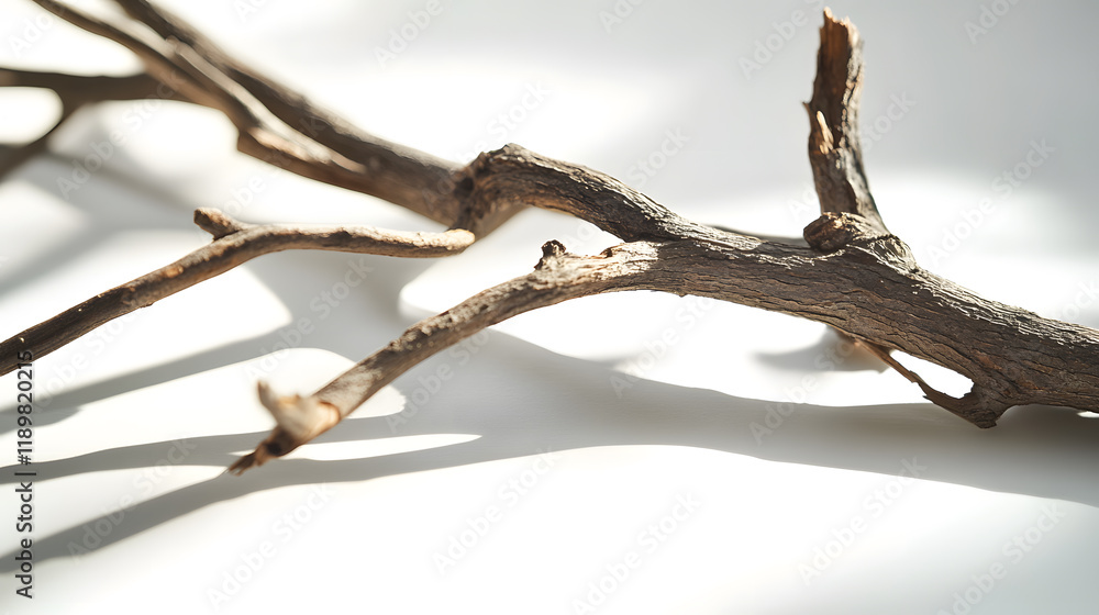 Poster close-up of a rustic, gnarled tree branch casting a shadow on a white background. the wood's texture