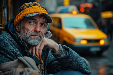 A mature man with a beard, wearing a beanie, sits pensively outdoors, a blurred yellow taxi in the...