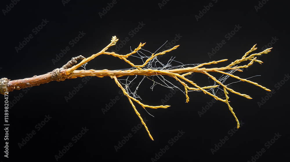 Poster close-up of a slender, dry branch with delicate offshoots and wispy cobwebs, set against a stark bla
